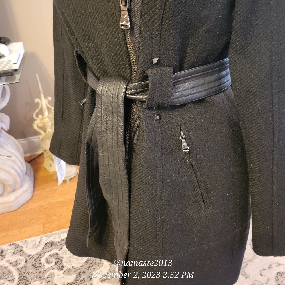 Guess Wool Blend Pea Coat Faux Fur Collar Leather Belt Studded Black Small #613 - Picture 5 of 14